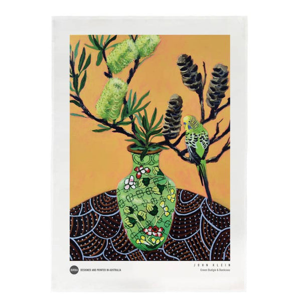 Burbia Tea Towel - John Klein Green Budgie and Banksias