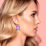 Charm Hoop Earrings - Rectangle Purple Folk Floral