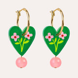 Charm Hoop Earrings - Heart Green Floral