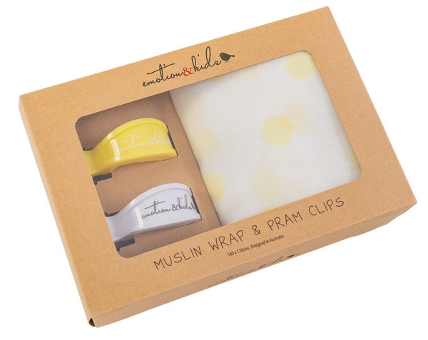 Pram Clips & Muslin Wrap - Lemon Spot