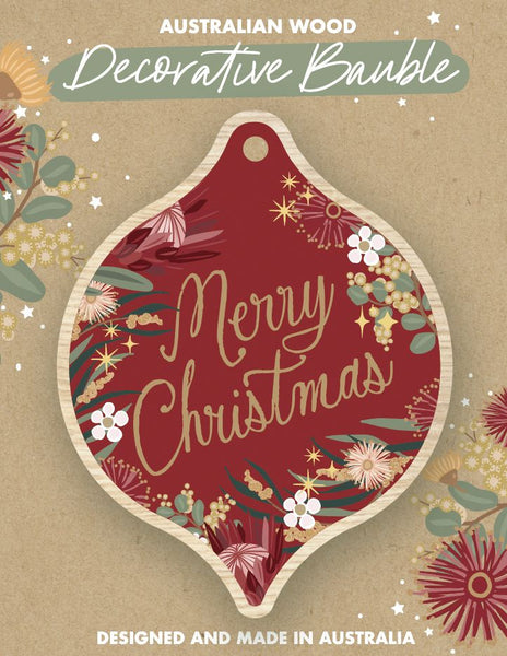 Wooden Bauble - CW Script - Merry Christmas Red