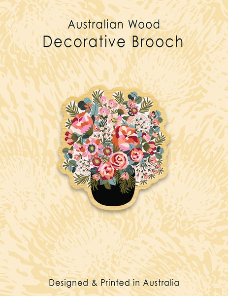 Wood Brooch - Peonies & Roses Vase