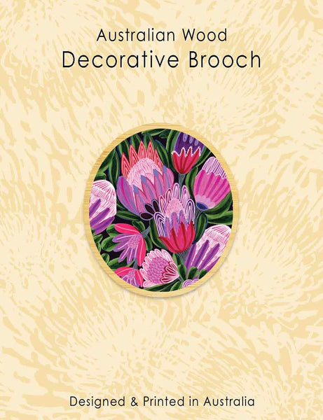 Wood Brooch - Round Pink Proteas