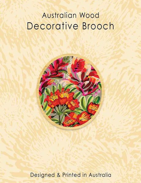 Wood Brooch - Round Red Hot Poker