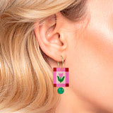 Charm Hoop Earrings - Rectangle Pink Folk Floral