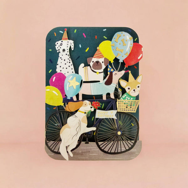 Paper Cut Card - Playful Dogs Bicycle Ride