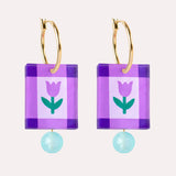 Charm Hoop Earrings - Rectangle Purple Folk Floral