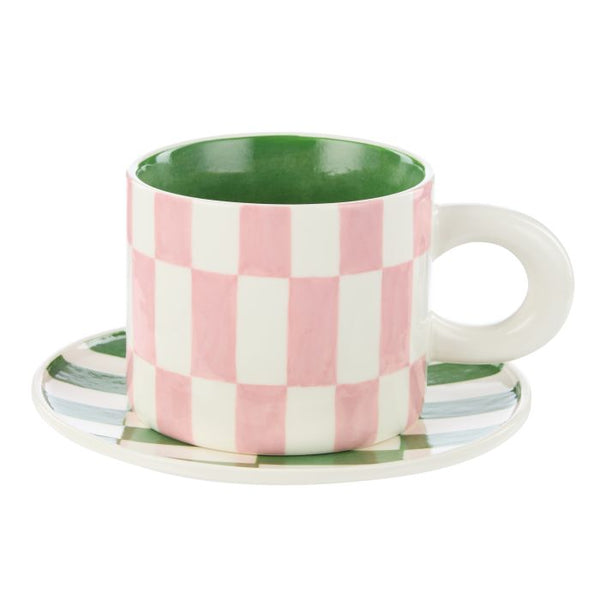 Emporium Check Mug & Plate Set - Pink & Green