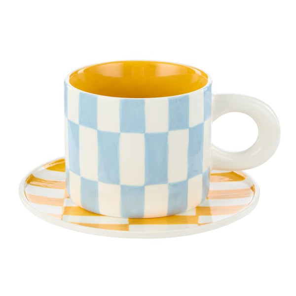Emporium Check Mug & Plate Set - Blue & Orange