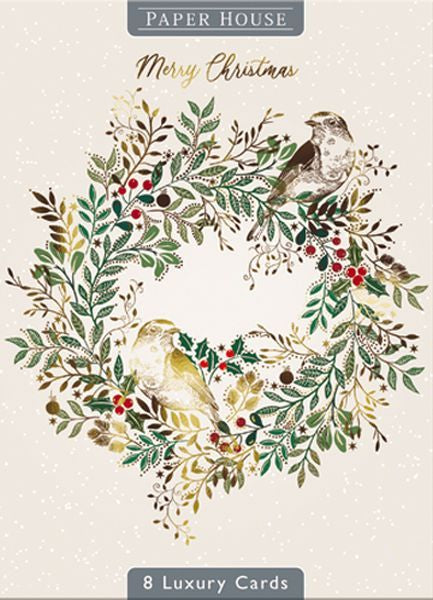 Paper House Christmas Card Pack - Gold Robins on Wreath