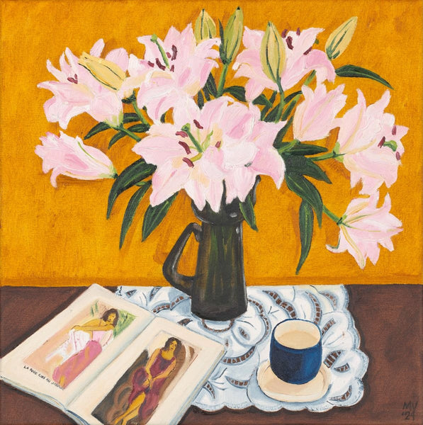 MV Greeting Card - Pink Lilies on Gold
