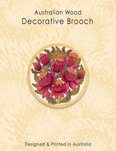 Wood Brooch - Round Waratahs