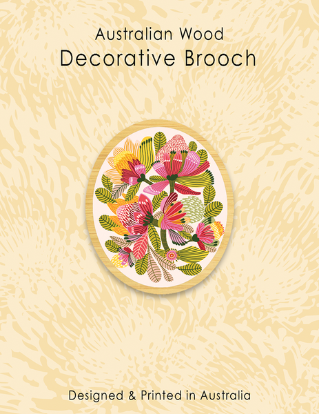 Wood Brooch - Round Wild Proteas