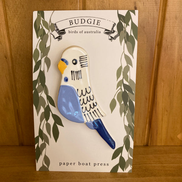 Paper Boat Press Brooch - Blue Budgie
