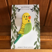 Paper Boat Press Brooch - Green Budgie